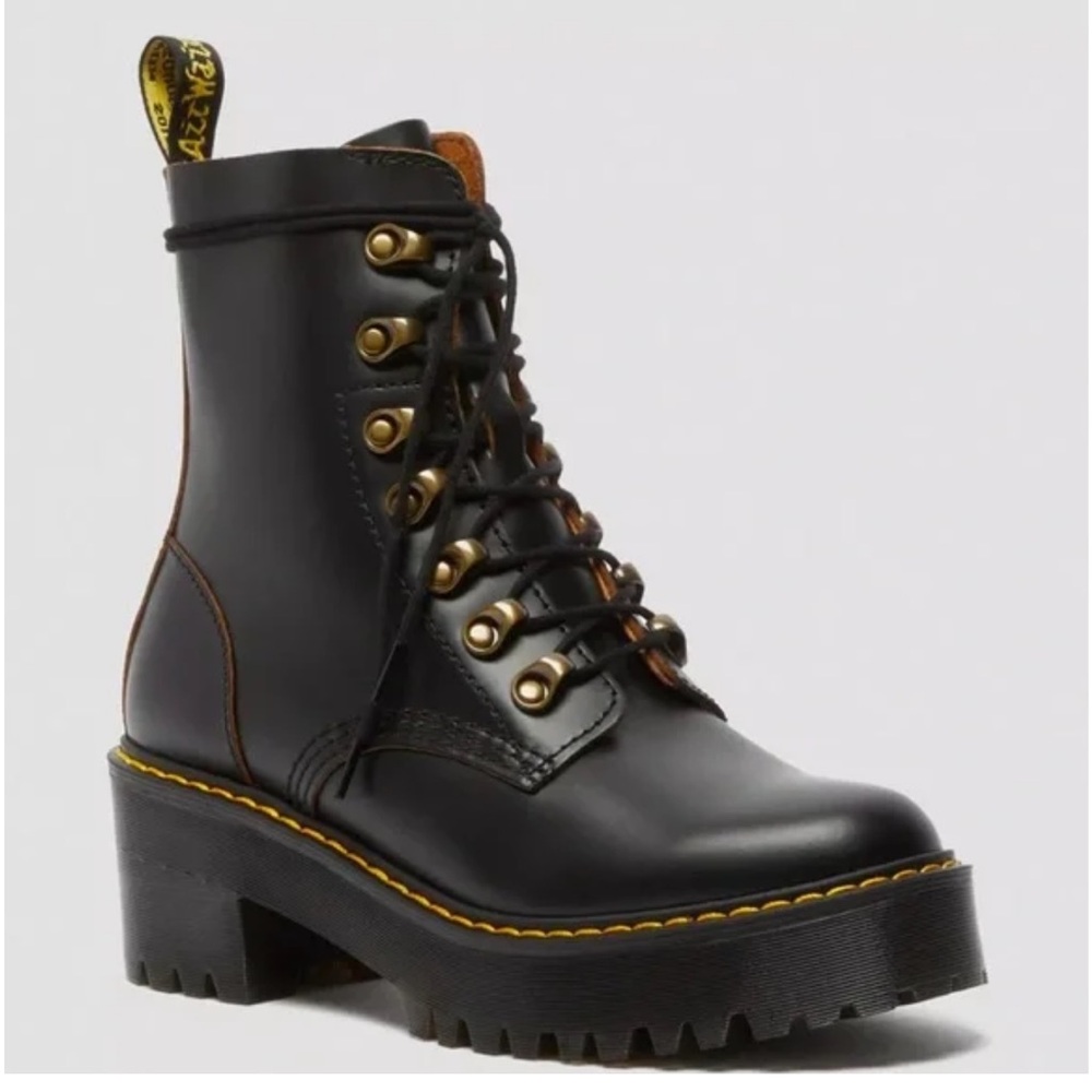 Dr. Martens Leona Black Leather size 8 Lug Heel Boots with Yellow Stitching